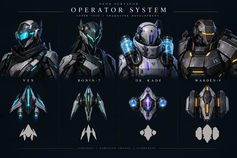 Operatör sistemi konsept çalışması: Vex, Ronin-7, Dr. Kade, Warden-9