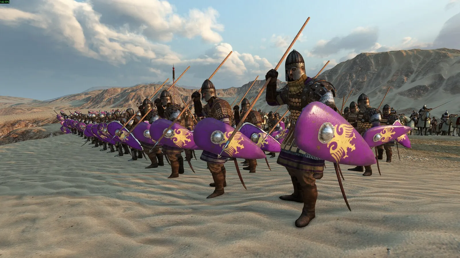 Seljuk Empire modunda çölde mor kalkanlarıyla hat kurmuş mızraklı piyade